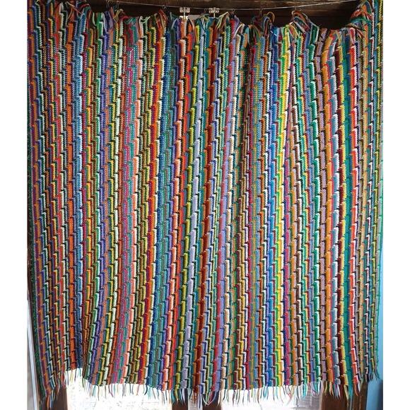 Handmade Crocheted Zigzag Multicolor Blanket Throw Fringed Beautiful Unique Fun - Picture 1 of 11